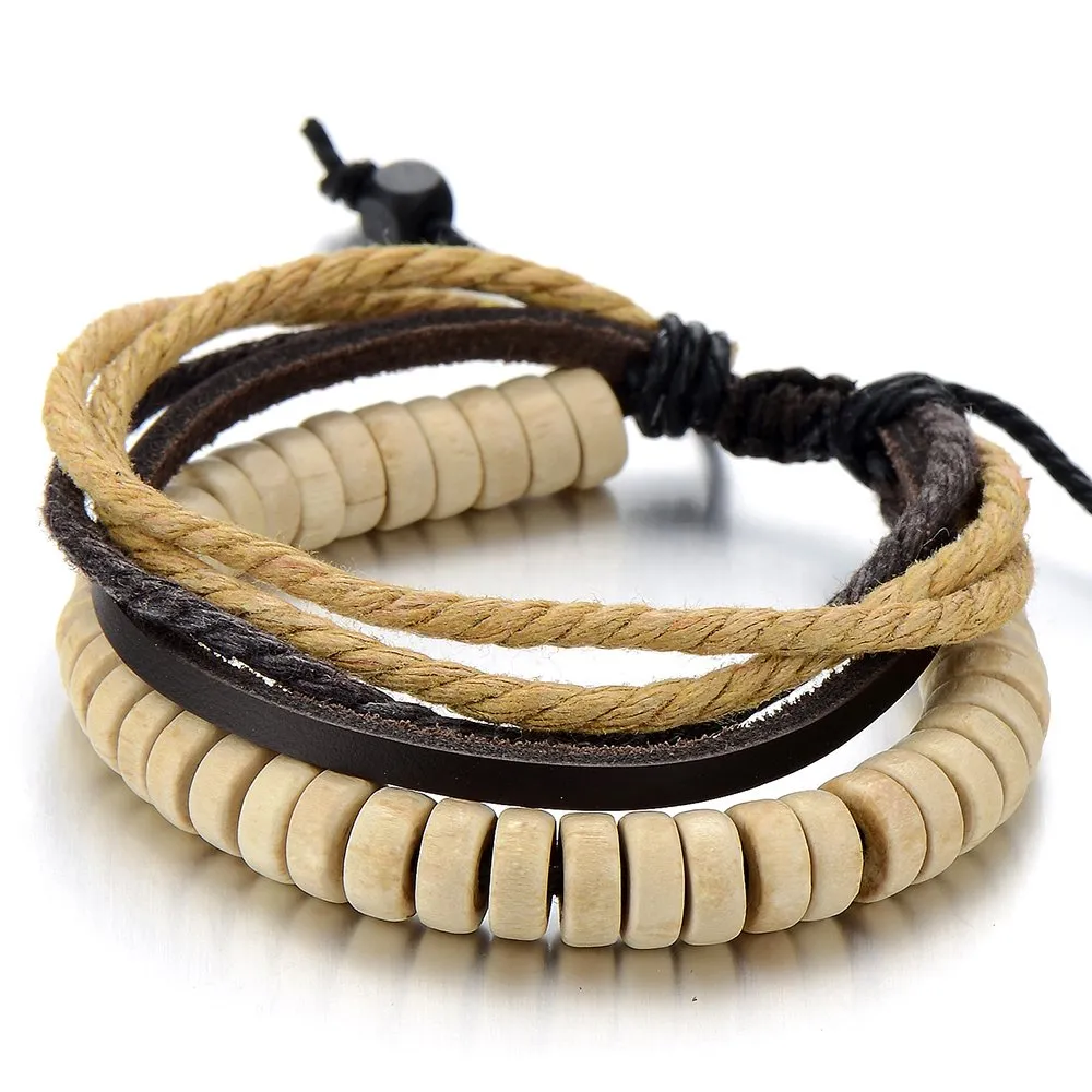 Tribal Ivory Mens Womens Leather Rope Bracelet with Wood Beads String Wristband Wrap Bracelet