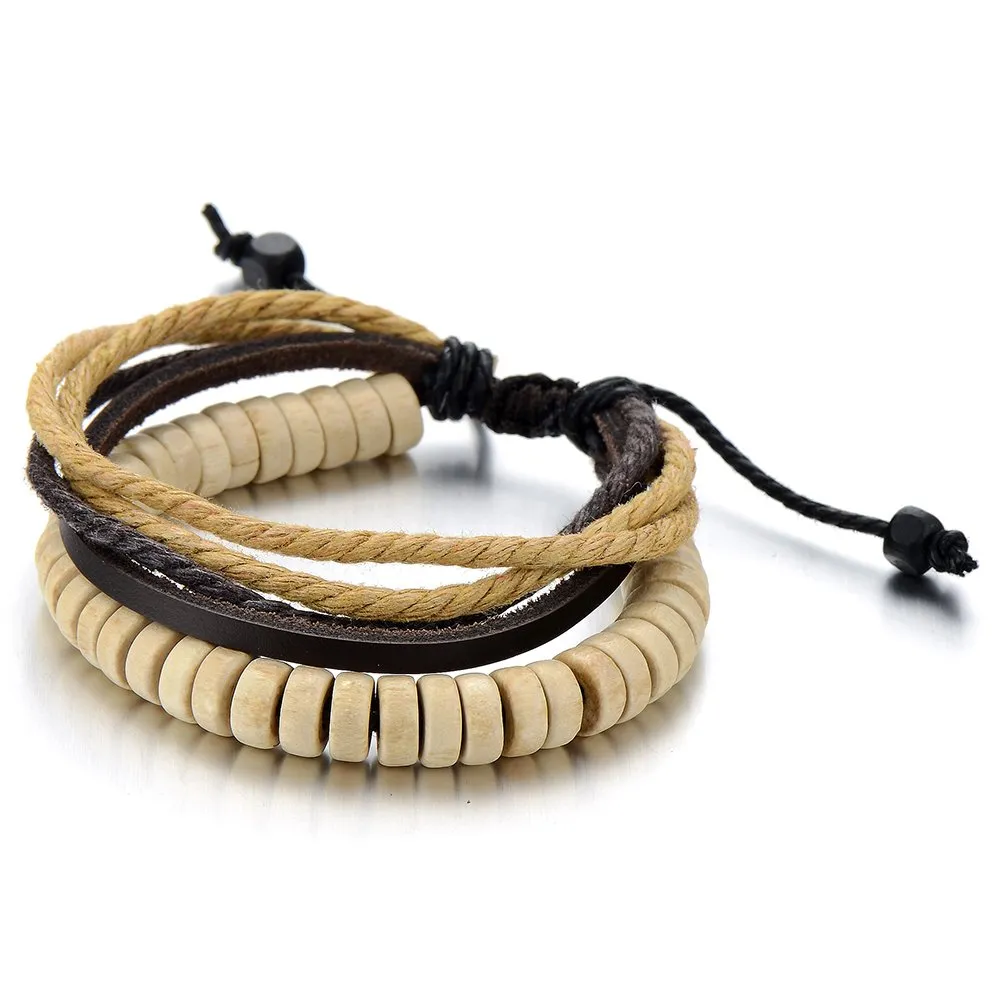 Tribal Ivory Mens Womens Leather Rope Bracelet with Wood Beads String Wristband Wrap Bracelet