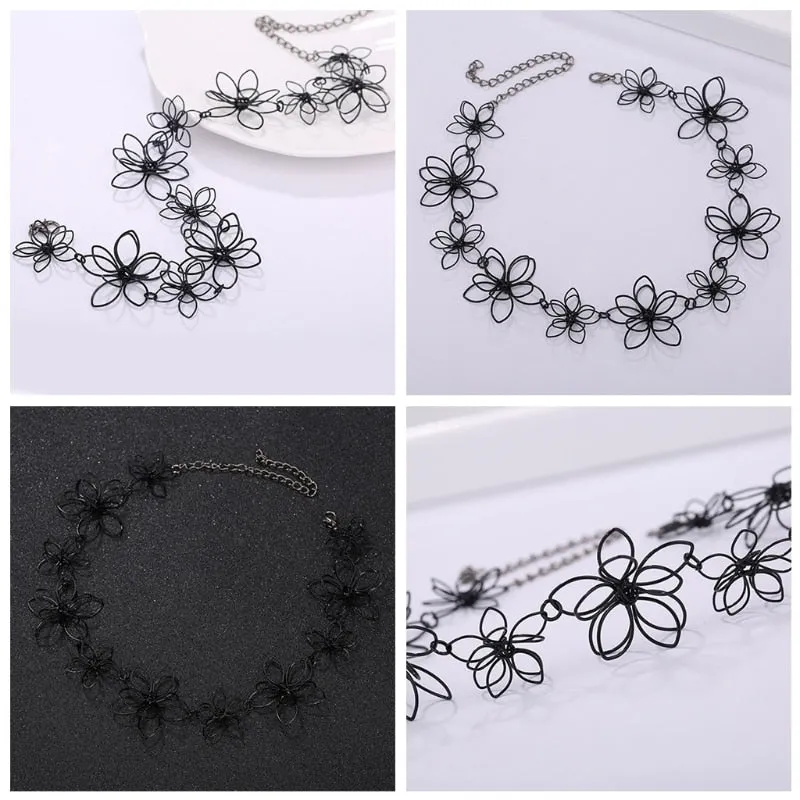 VenusFox Black Flower Choker Necklace