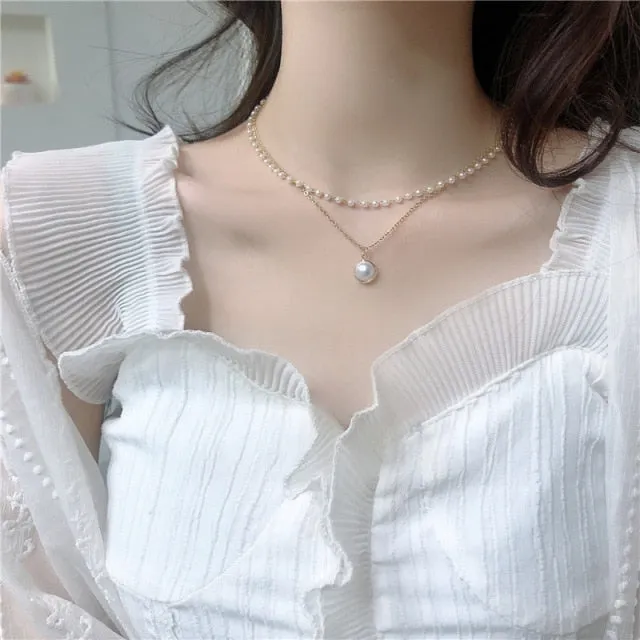 VenusFox Elegant White Imitation Pearl Necklace Long Round Pearl Wedding Choker Necklace for Women Charm Fashion Jewelry