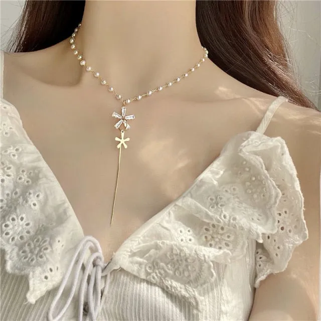 VenusFox Elegant White Imitation Pearl Necklace Long Round Pearl Wedding Choker Necklace for Women Charm Fashion Jewelry