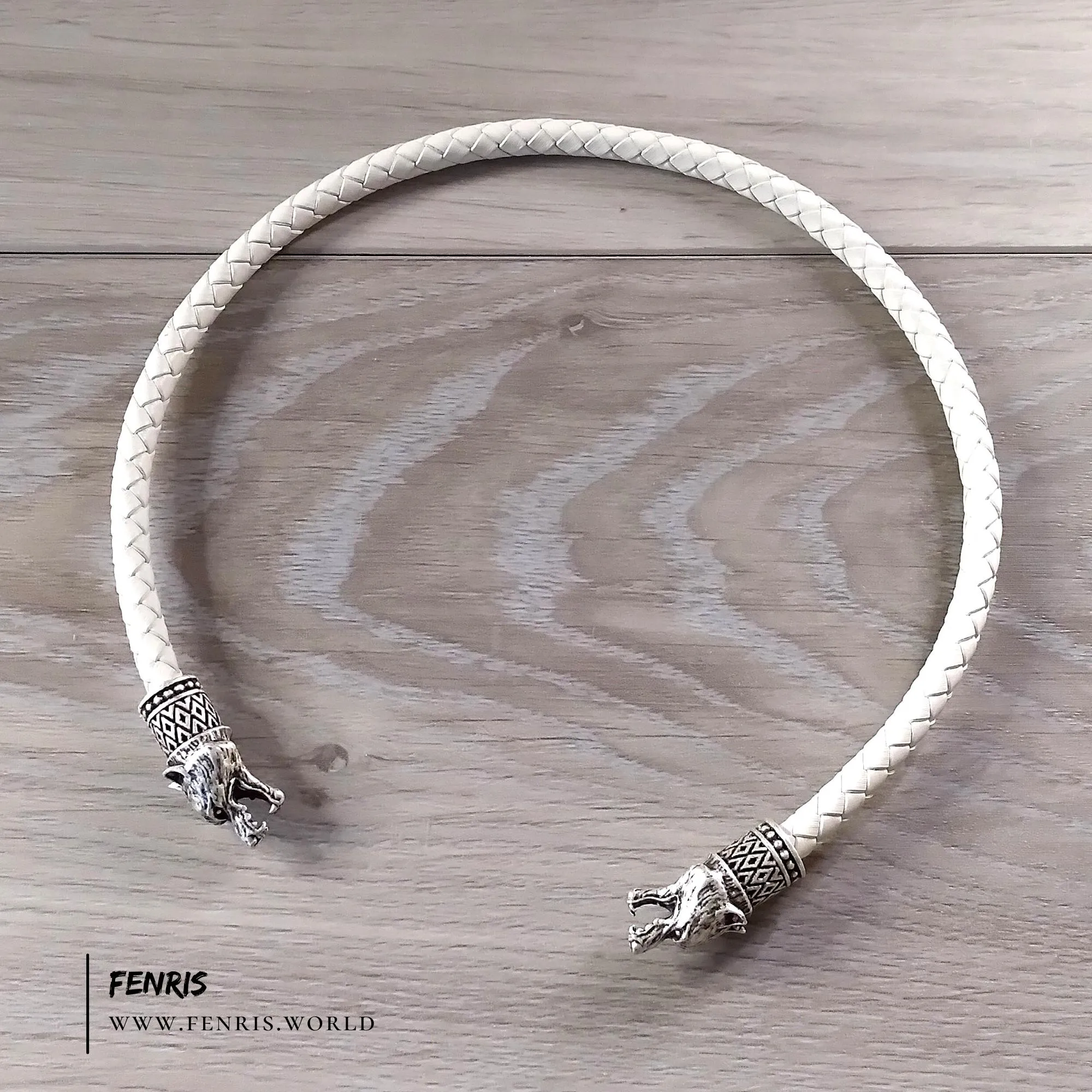 Wolf Torc Necklace White Leather Wedding Silver Nordic - Fenris