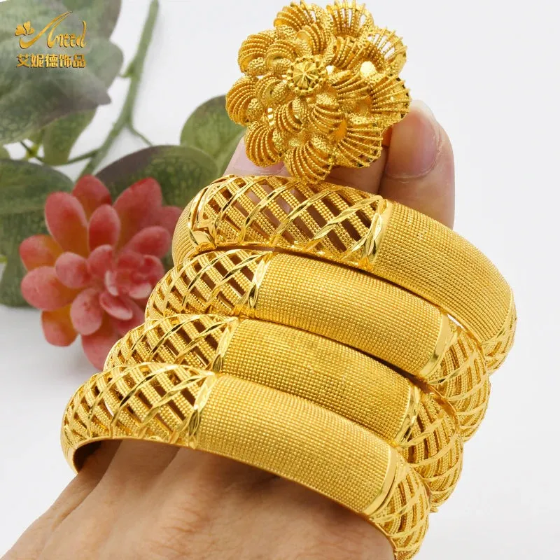 Women Charm Bracelet Bangle, 24K Gold Color Jewelry, Dubai Flower Bangle Brand, African Designer Ethiopian Hawaiian Jewelry