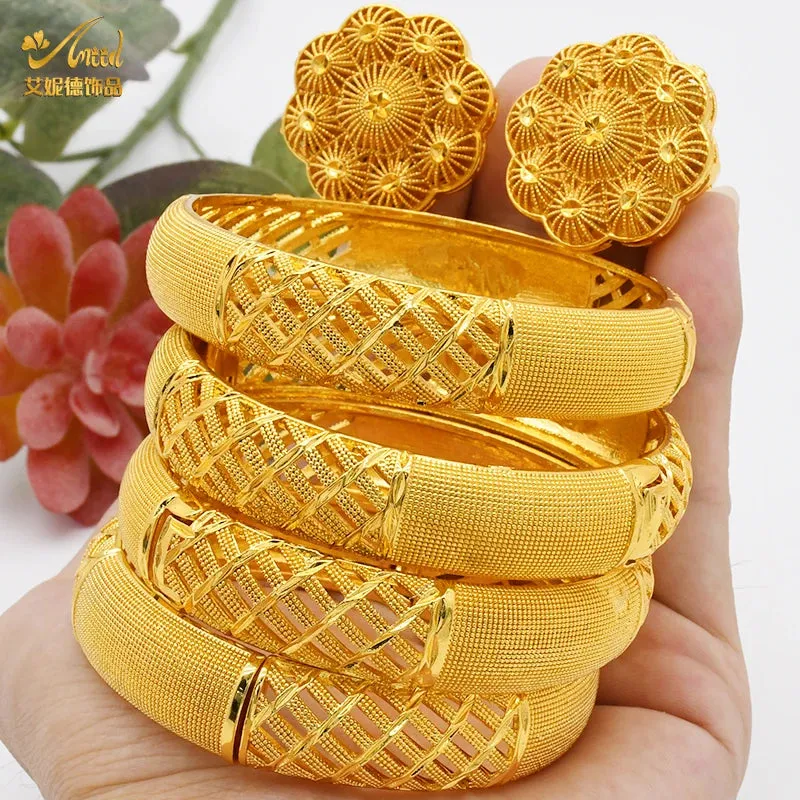 Women Charm Bracelet Bangle, 24K Gold Color Jewelry, Dubai Flower Bangle Brand, African Designer Ethiopian Hawaiian Jewelry