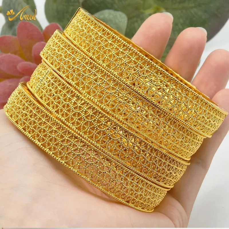 Women Charm Bracelet Bangle, 24K Gold Color Jewelry, Dubai Flower Bangle Brand, African Designer Ethiopian Hawaiian Jewelry