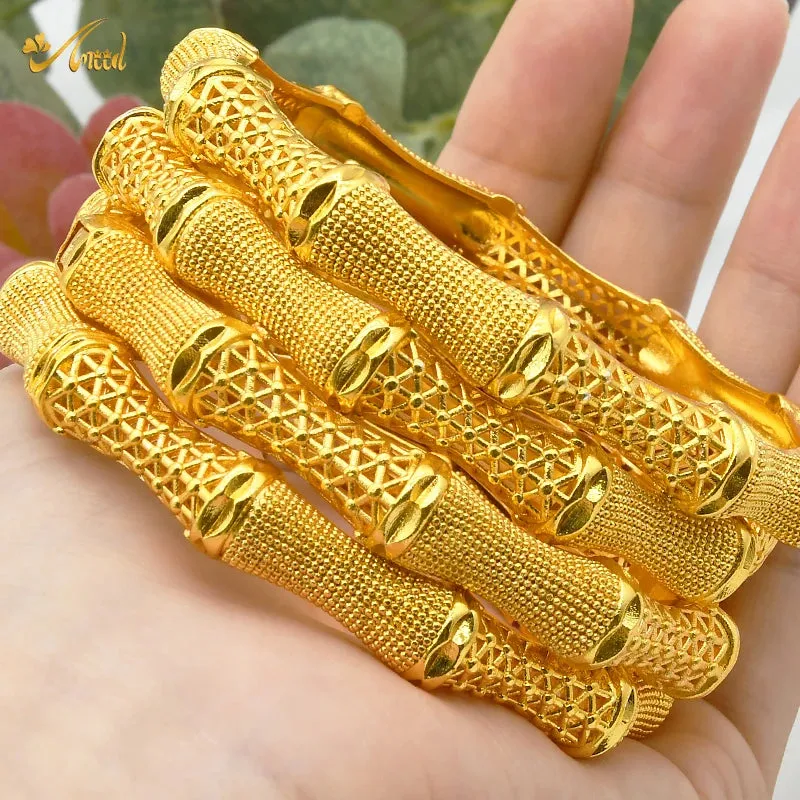 Women Charm Bracelet Bangle, 24K Gold Color Jewelry, Dubai Flower Bangle Brand, African Designer Ethiopian Hawaiian Jewelry