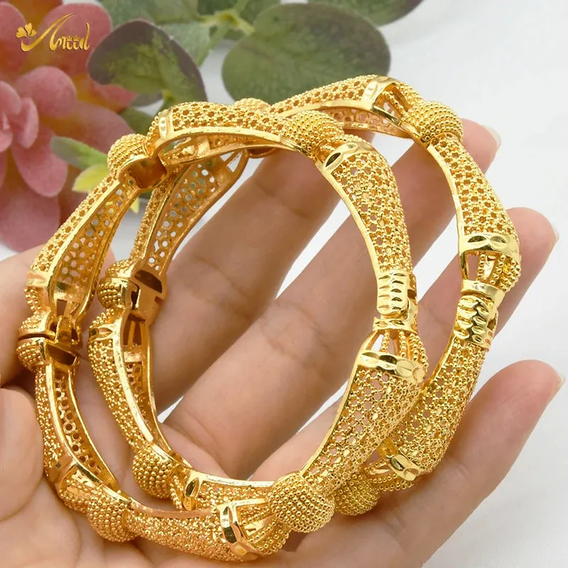 Women Charm Bracelet Bangle, 24K Gold Color Jewelry, Dubai Flower Bangle Brand, African Designer Ethiopian Hawaiian Jewelry