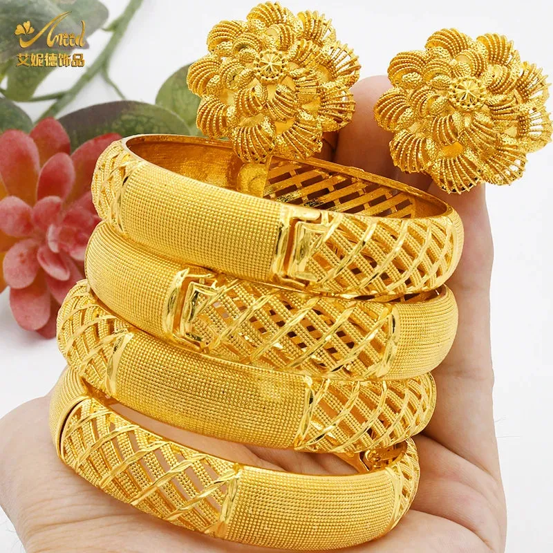 Women Charm Bracelet Bangle, 24K Gold Color Jewelry, Dubai Flower Bangle Brand, African Designer Ethiopian Hawaiian Jewelry