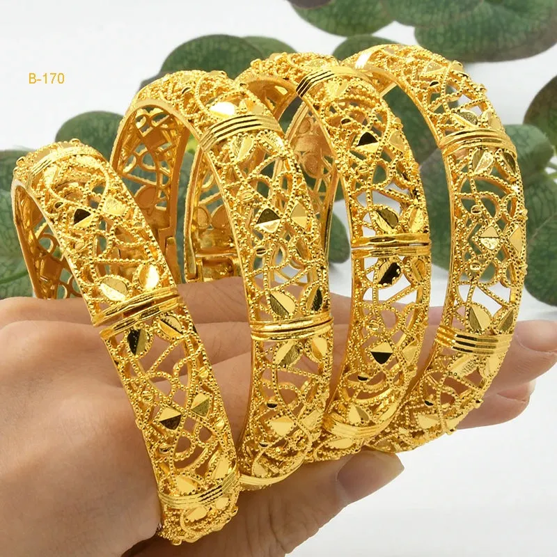 Women Charm Bracelet Bangle, 24K Gold Color Jewelry, Dubai Flower Bangle Brand, African Designer Ethiopian Hawaiian Jewelry