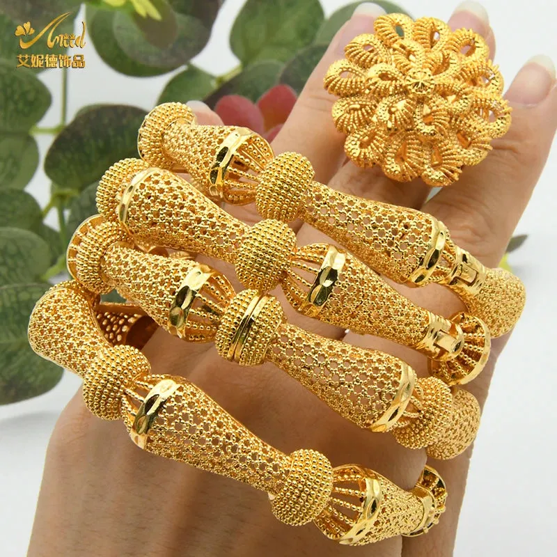 Women Charm Bracelet Bangle, 24K Gold Color Jewelry, Dubai Flower Bangle Brand, African Designer Ethiopian Hawaiian Jewelry