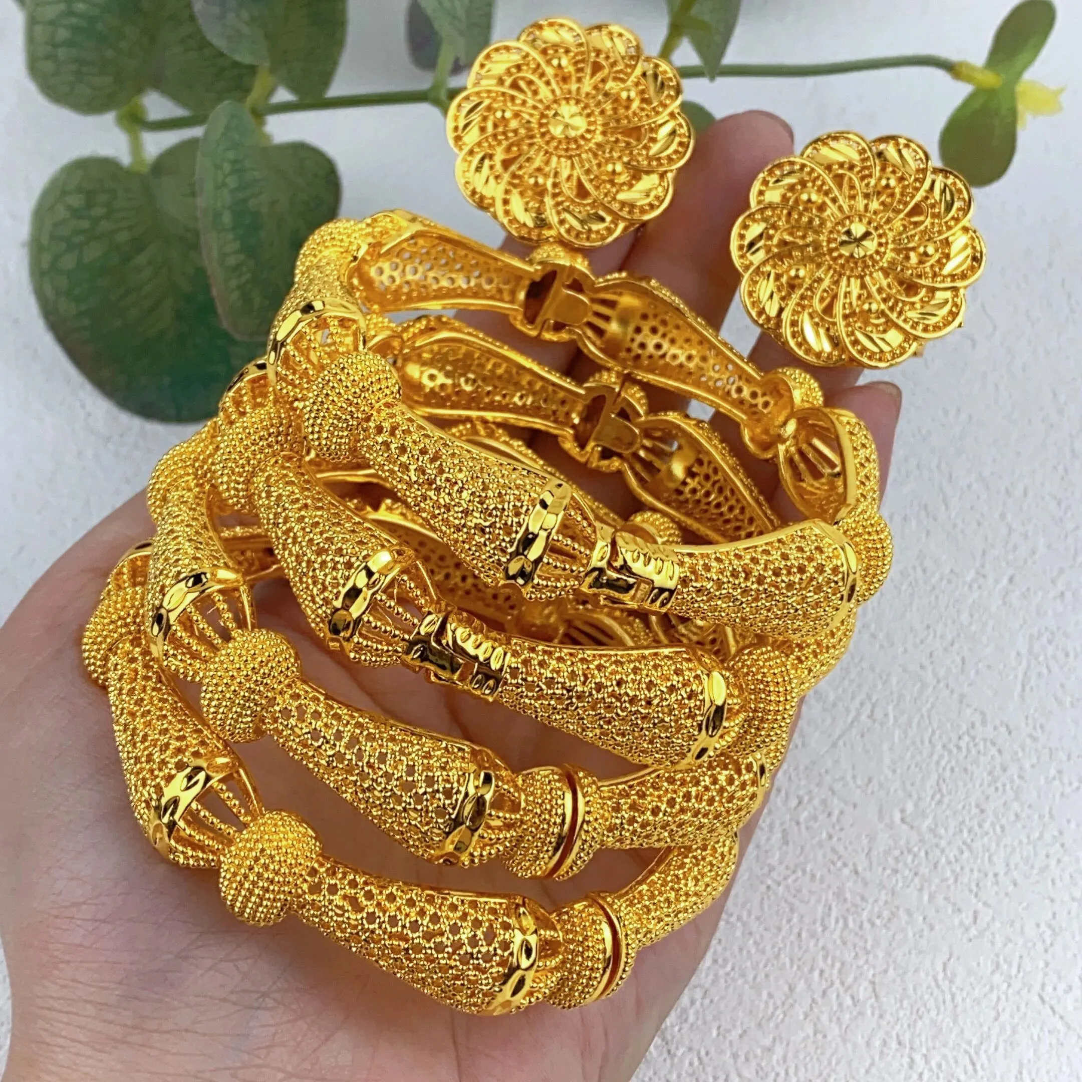 Women Charm Bracelet Bangle, 24K Gold Color Jewelry, Dubai Flower Bangle Brand, African Designer Ethiopian Hawaiian Jewelry