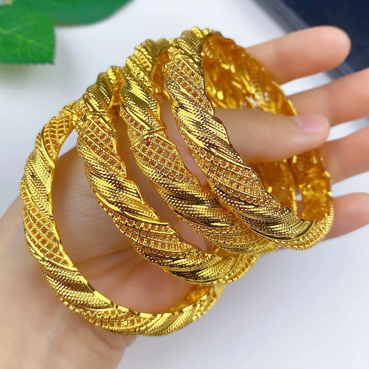 Women Charm Bracelet Bangle, 24K Gold Color Jewelry, Dubai Flower Bangle Brand, African Designer Ethiopian Hawaiian Jewelry