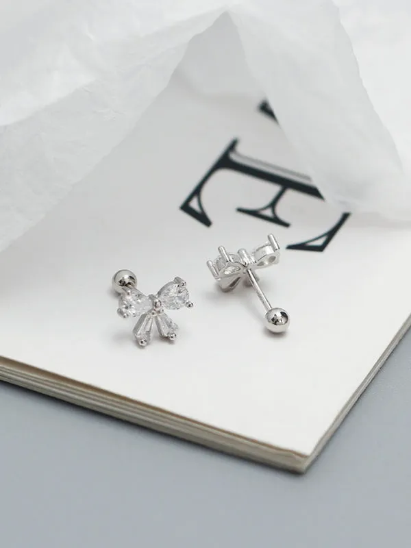 Women's 925 Silver Needle Bow Tie Shape Stud Earrings