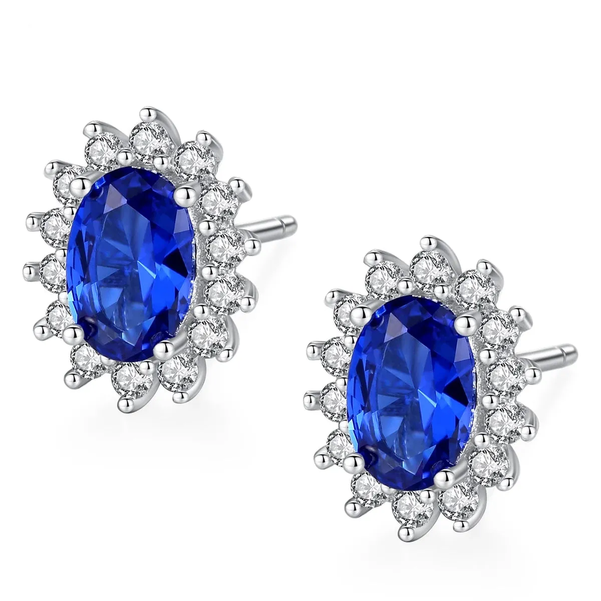 Women's Natural Birthstone Sterling Silver Royal Blue Oval Topaz Stud Earrings