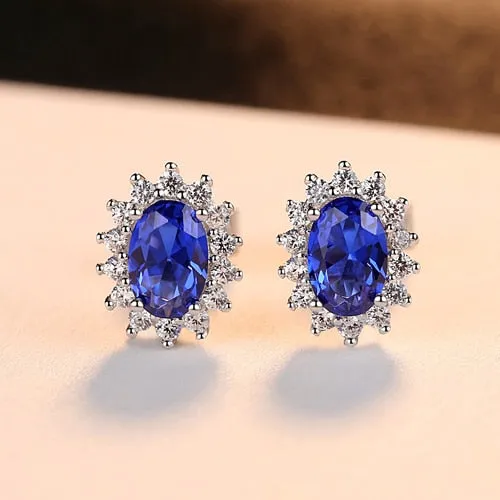 Women's Natural Birthstone Sterling Silver Royal Blue Oval Topaz Stud Earrings