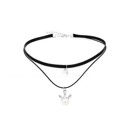 Women's Punk Necklace Two Layers Crown Shape Pearl Pendant Sparkling Rhinestone Black Choker