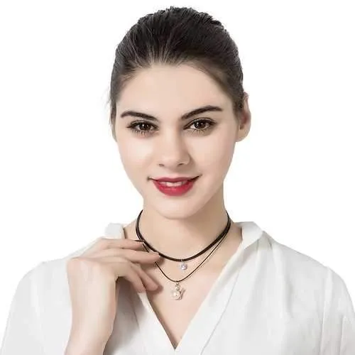 Women's Punk Necklace Two Layers Crown Shape Pearl Pendant Sparkling Rhinestone Black Choker